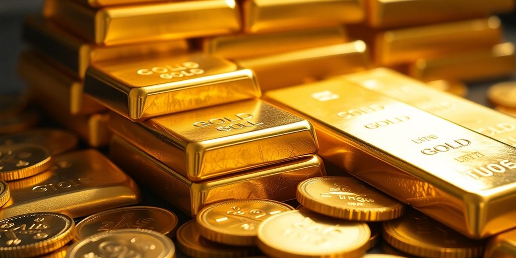 Lingots d'or brillants et piles de pièces d'or.