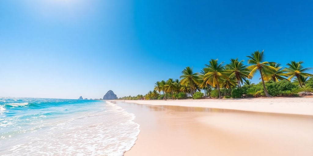 Palm trees, clear water, and sunny Cabo beach.