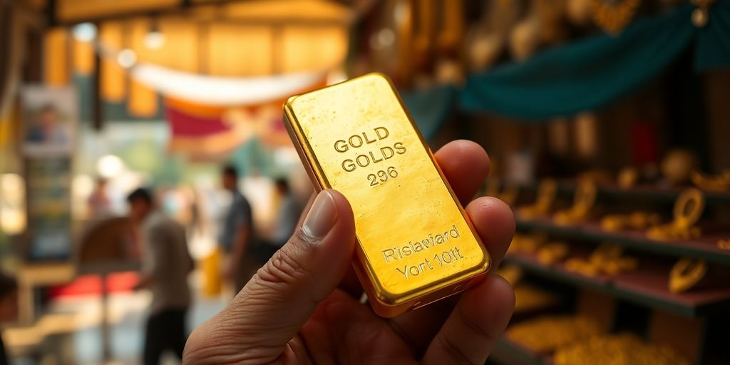 Main d'une personne tenant une barre d'or brillante.
