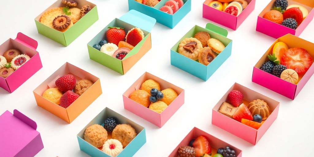 กล่องขนมเบรคหลากหลายชนิดวางเรียงอย่างสวยงาม