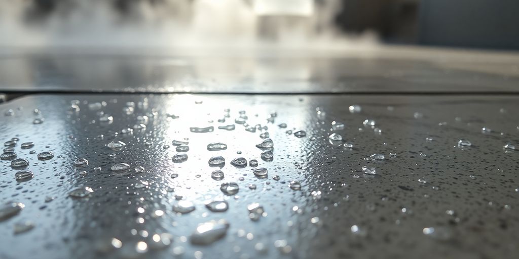 Concrete floor, water droplets, dampness, clean air