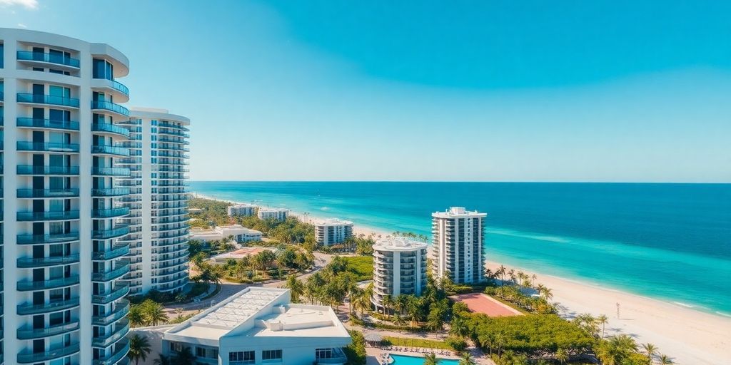 Sunny Isles Beach with luxury condos and palm trees.