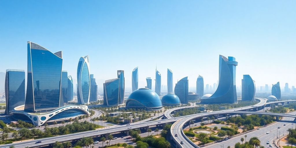 Futuristic NEOM skyline with modern buildings and greenery.