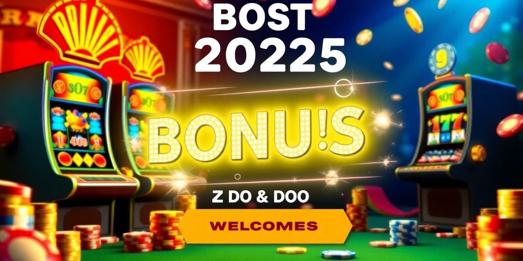 Colorful online casino theme with slot machines and chips.