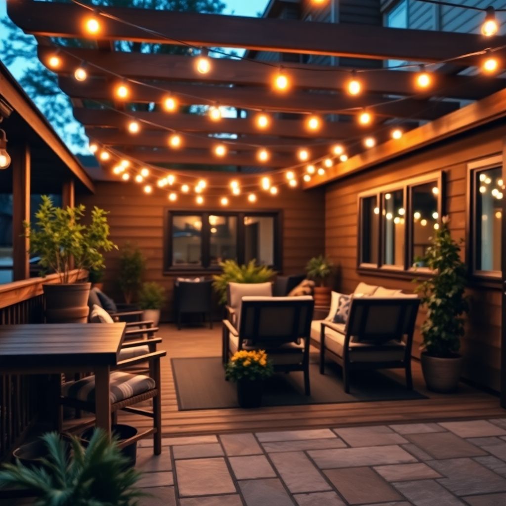 Cozy patio, glowing string lights, dark evening.