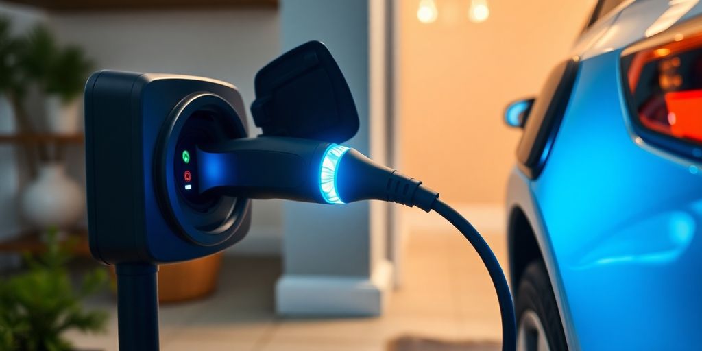 Electric car plugged into home charger with glowing cable.