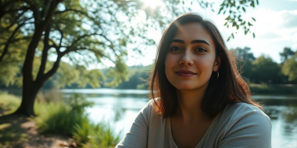 Person meditating, surrounded by calming nature.