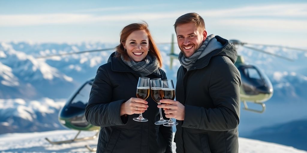 A couple celebrates their engagement on a snowy Alaskan mountaintop.