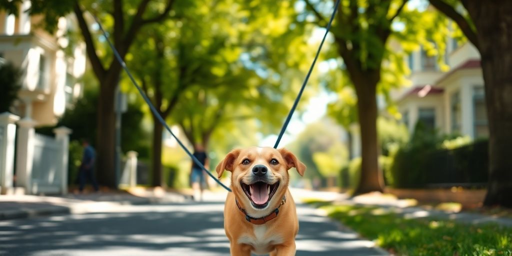 Happy dog walking on a sunny Double Bay street.