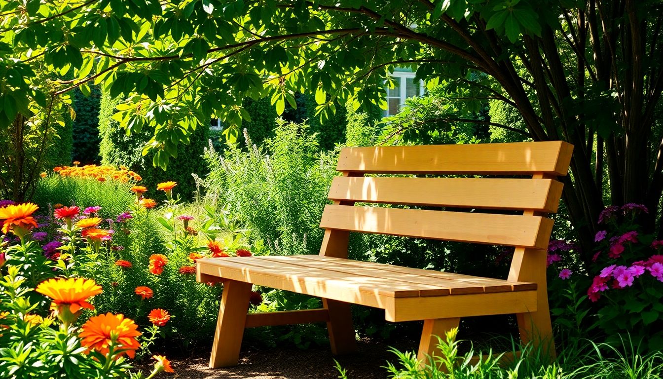 Wooden bench in a garden with flowers and greenery.