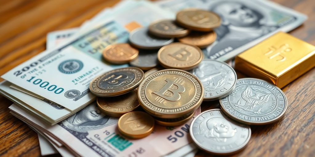 Monnaie physique variée sur une surface en bois.