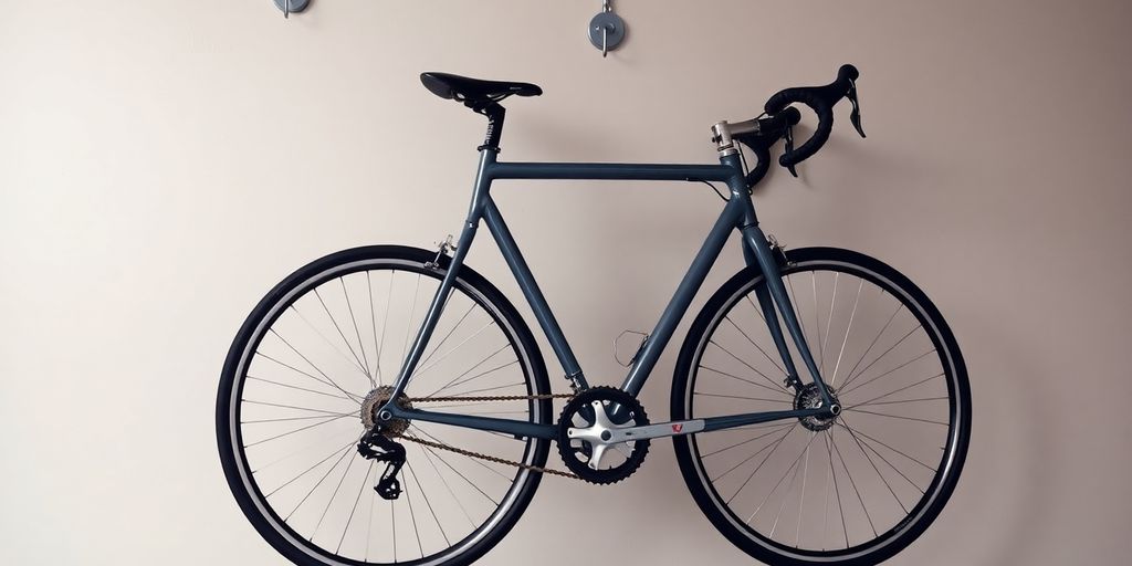 Bike neatly tucked away, garage wall, sleek design.