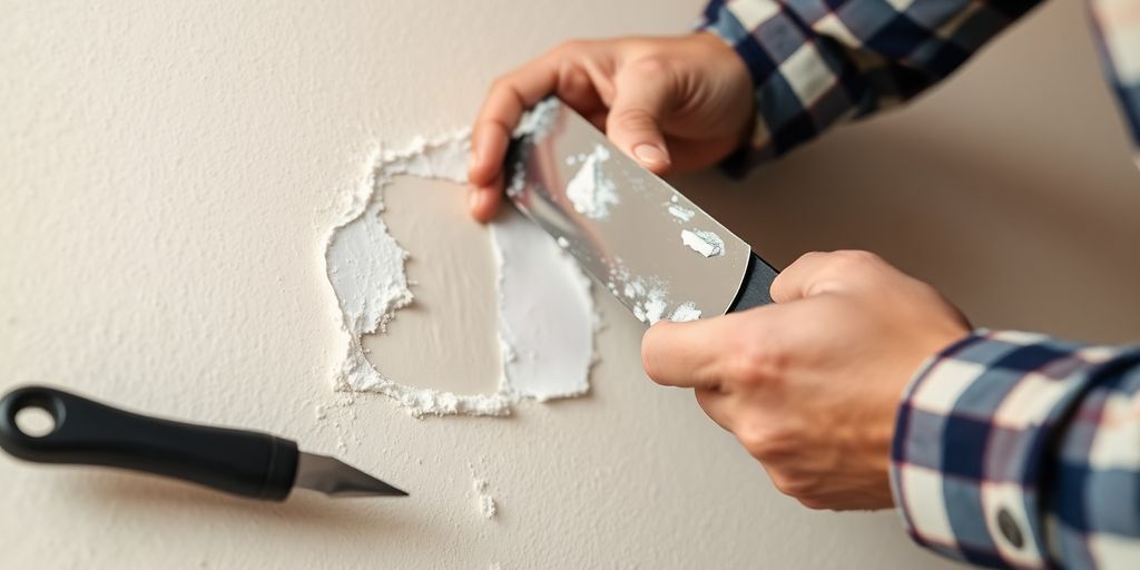 Homeowner repairing water-damaged wall with tools.