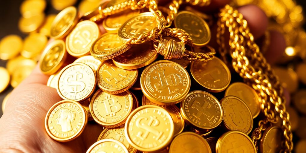 Une main tenant une pile d'or brillant.