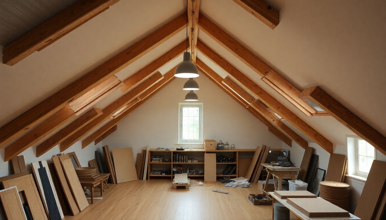 Bright attic with wooden beams and stylish lighting.