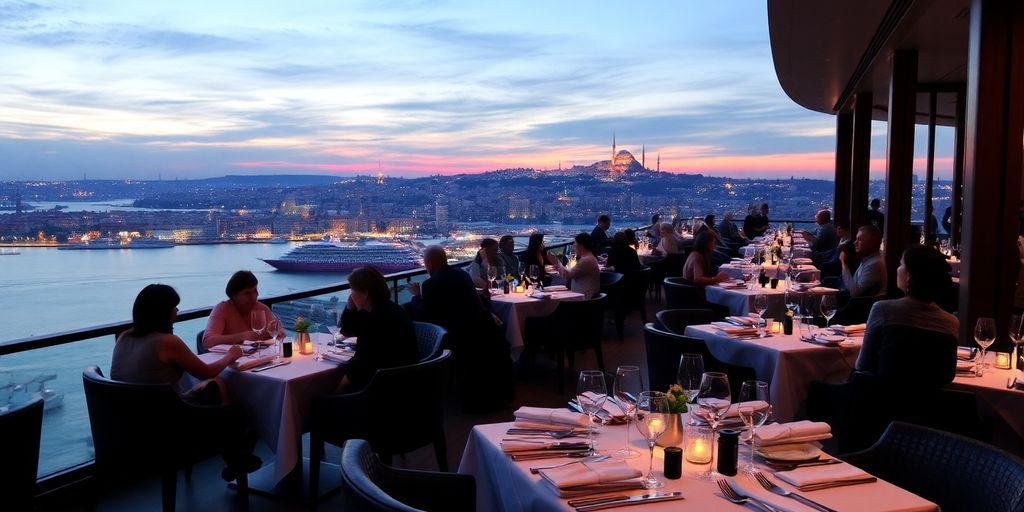 Elegant restaurant with panoramic views of Istanbul at sunset.