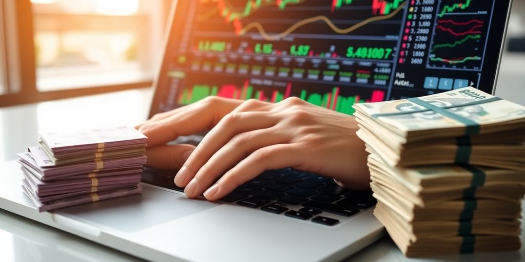 Currency, laptop, hands, trading screen.