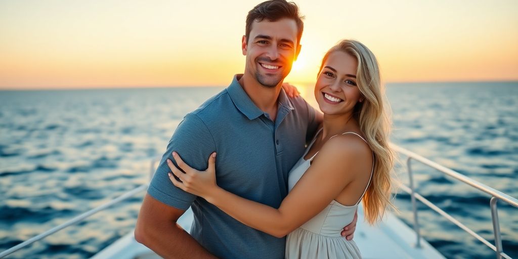 Romantic couple on a boat in Cabo at sunset.