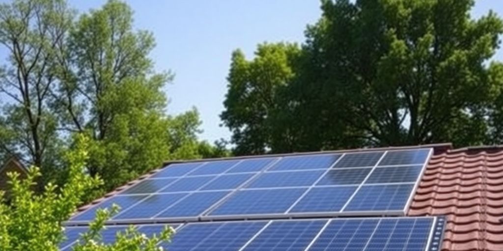 Rooftop solar panels under a clear blue sky.