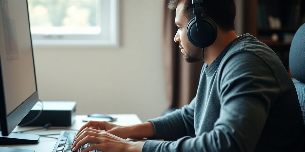 Person typing on keyboard, headphones on.