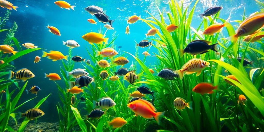 Makukulay na isdang tubig-tabang sa isang masiglang aquatic na kapaligiran.