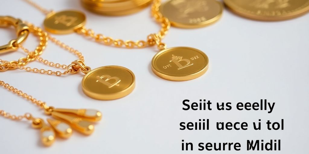Bijoux en or et pièces disposés sur fond blanc.