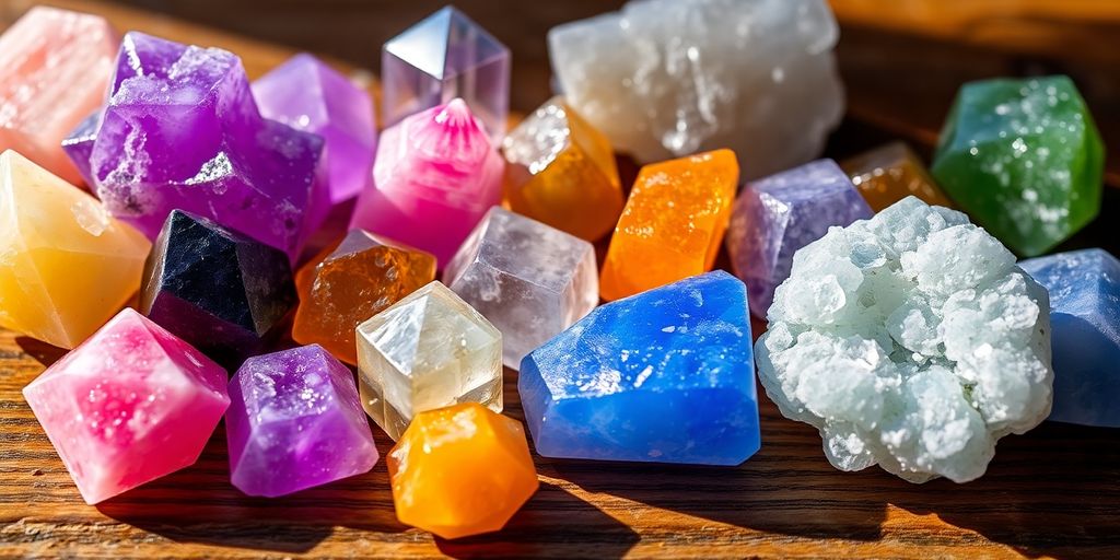 Varie pietre colorate su una superficie di legno.