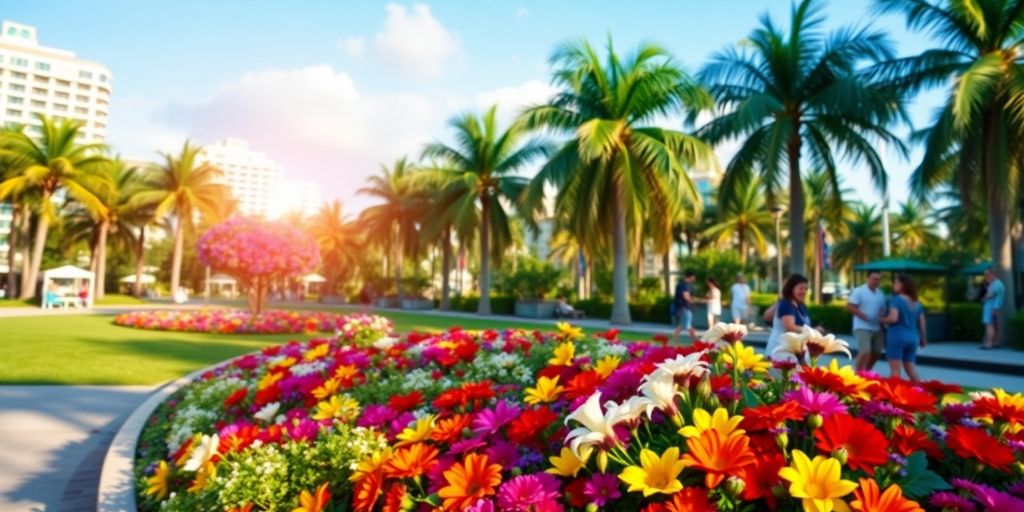 Vibrant floral arrangement in Aventura, Florida park.
