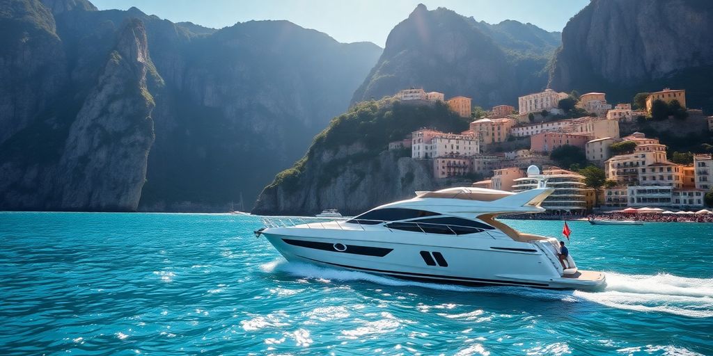 Luxury yacht sailing near Amalfi Coast cliffs.