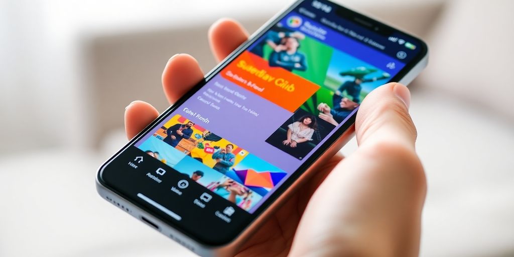 Telefone mostrando feeds de notícias coloridos e dinâmicos.