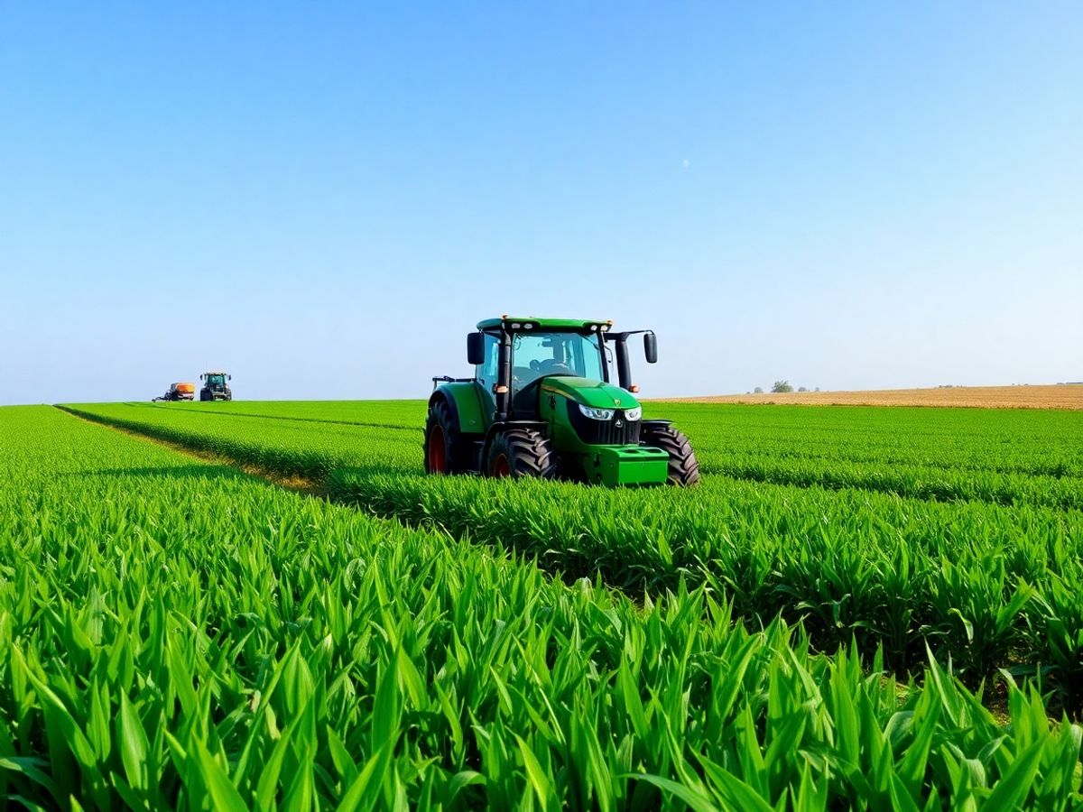 Câmp cu recolte verzi și tractor modern.