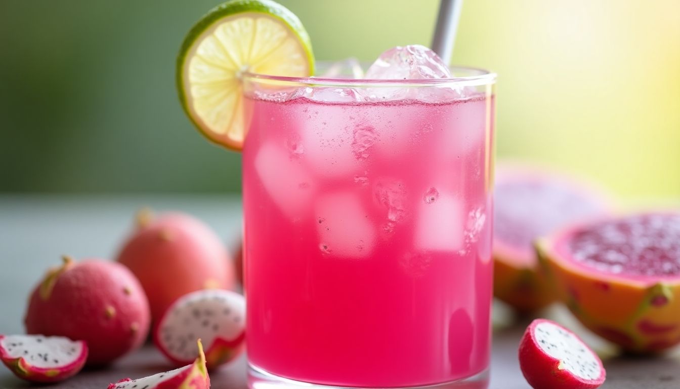 Dragon Fruit and Lychee Cooler in a glass with lime.