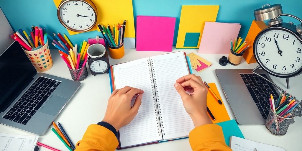 Person organizing planner in a vibrant workspace setting.