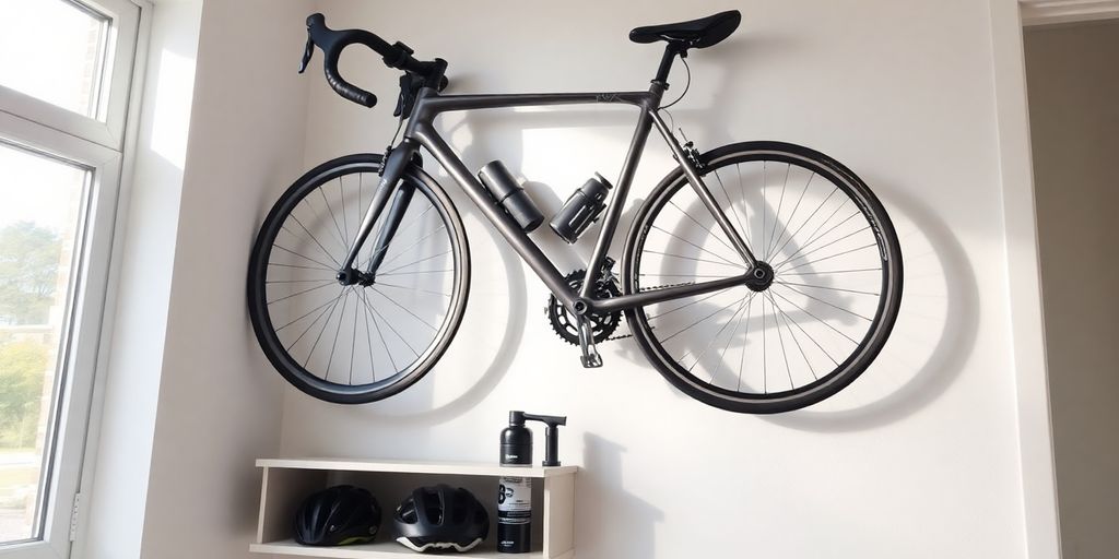 Bicycle mounted on a wall with storage.