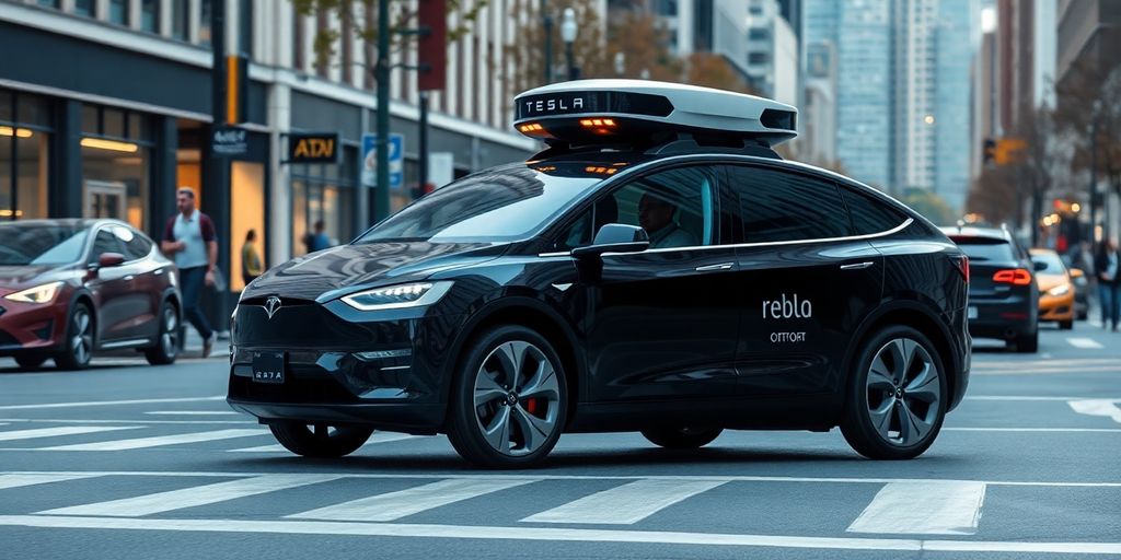 Tesla robotaxi driving on a city street.