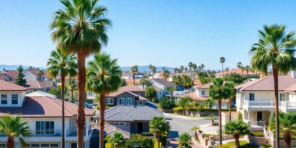 California neighborhood with modern homes and palm trees.