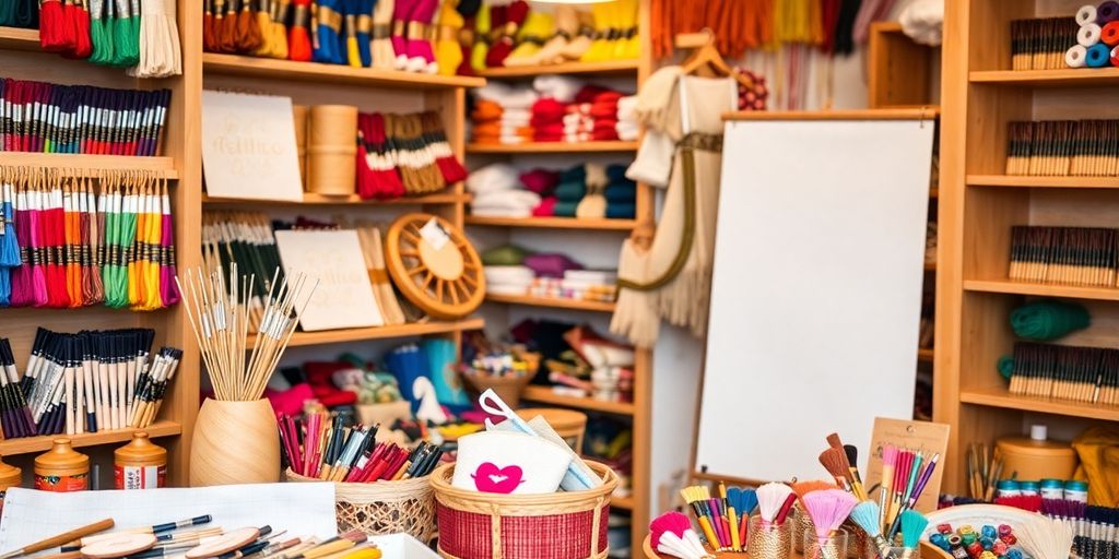 Colorful threads and tools in a local embroidery shop.
