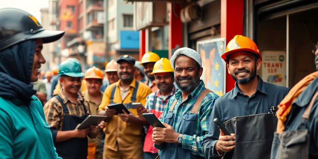 Grupo diverso de trabalhadores em ambiente urbano.
