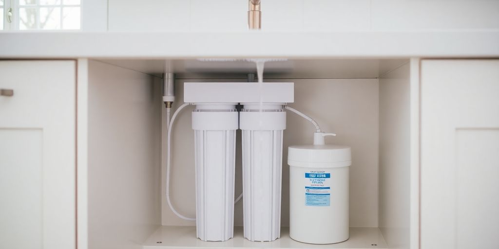 Whole home water filtration system in a modern kitchen.