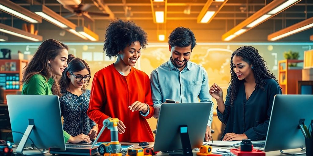Diverse team collaborating in a modern, innovative workspace.
