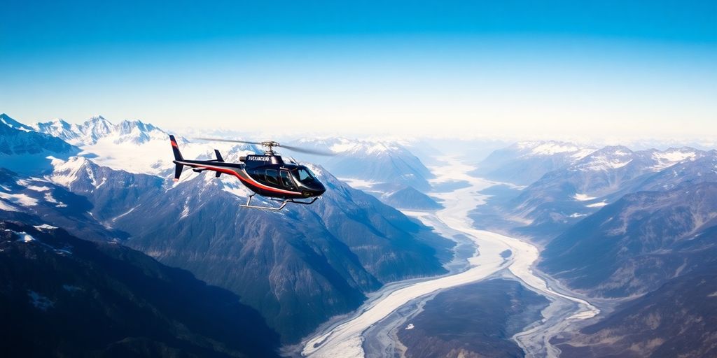 A helicopter flies over a vast, snowy Alaskan mountain range.