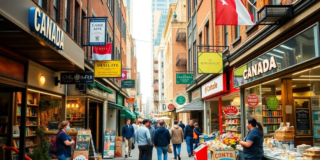 Busy street with diverse Canadian small businesses and customers.
