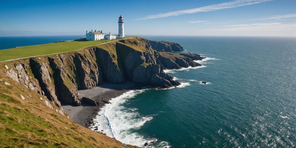 Wicklow Head Lighthouse on a cliff by the ocean