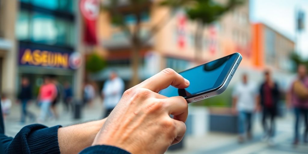 Person utilisant un smartphone dans un environnement urbain.