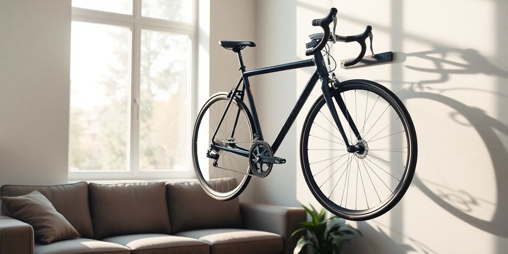 Sleek bike mount, modern living room.