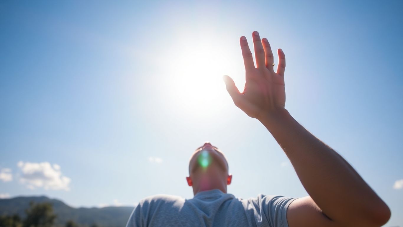Person reaching towards a bright, sunlit sky.