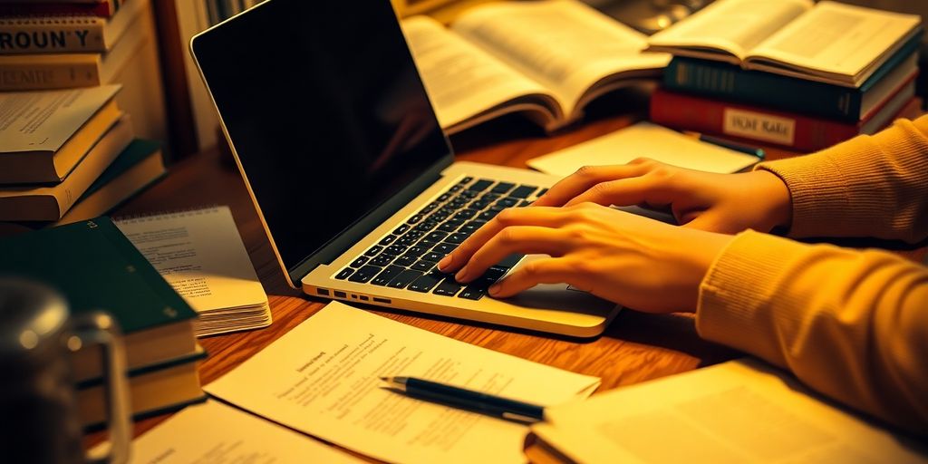 Person typing on a laptop in a cozy environment.