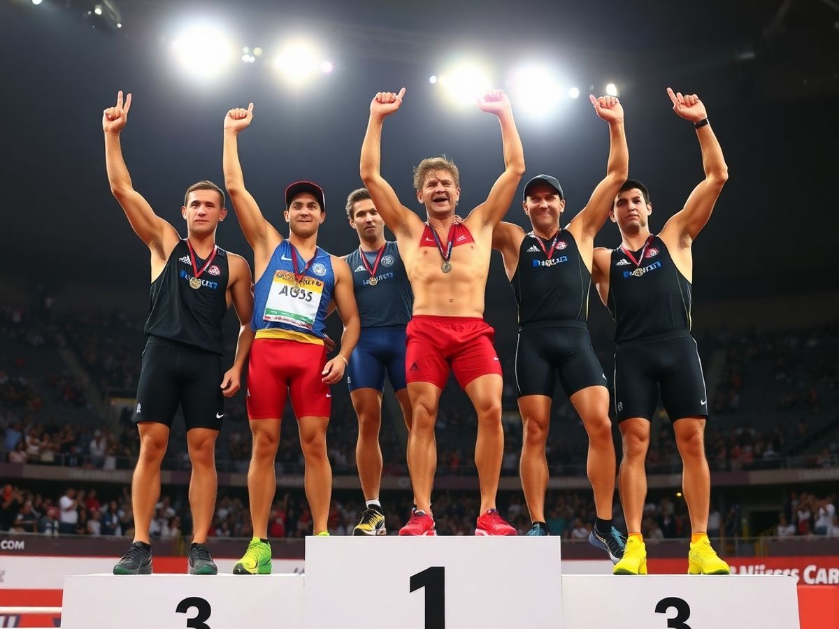 Sportivi victorioși celebrând pe un podium.