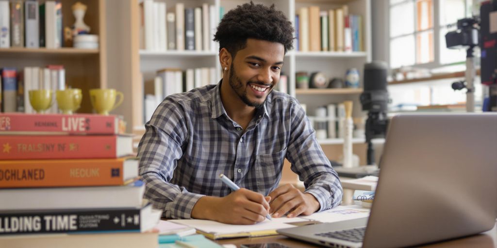 Student strategizing for academic success with books and laptop.