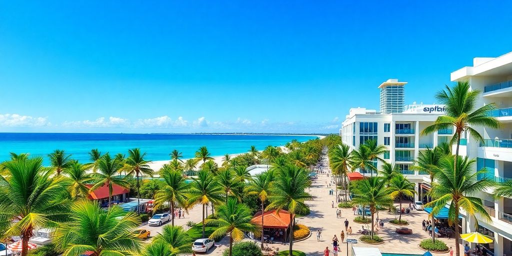 Aventura Florida beach scene with palm trees and sunshine.